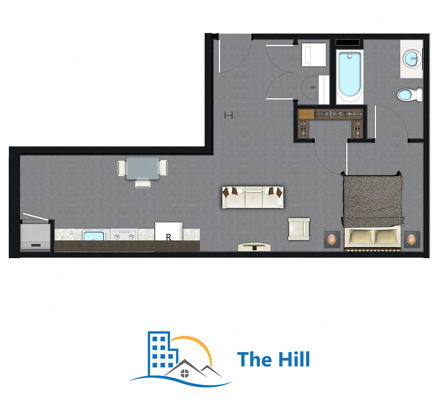 Floor plan for studio, 1 bath, 521 sqft